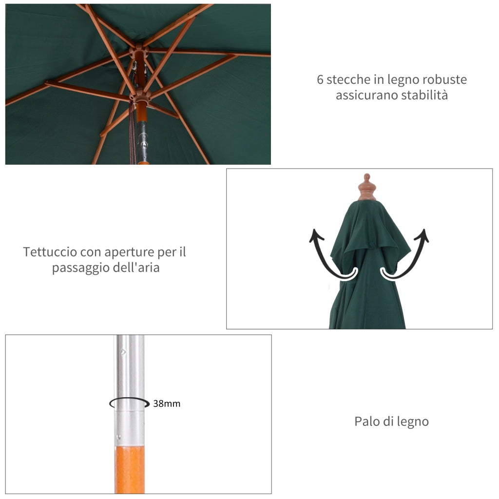 Ombrellone da Giardino 2x1.5 m Inclinabile con Palo in Legno 6 Stecche e Apertura a Corda, Verde