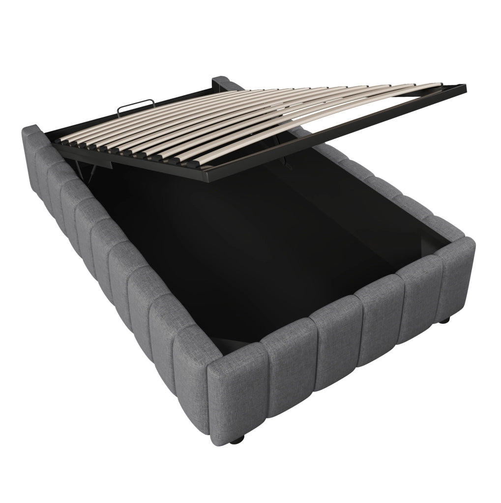 Letto imbottito 90 × 200 cm con contenitore idraulico; senza testiera né materasso; grigio