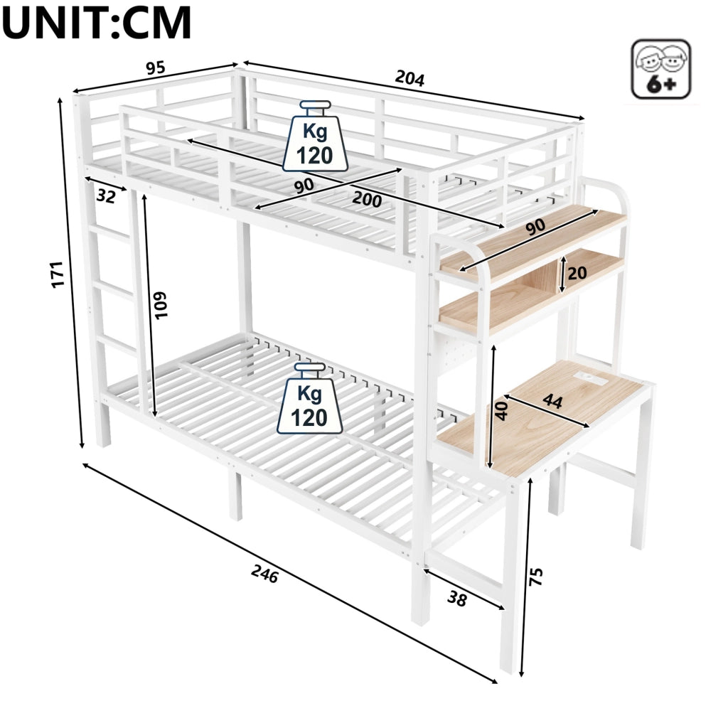 Letto a castello 90x200 cm con scrivania, LED e USB in metallo e MDF bianco