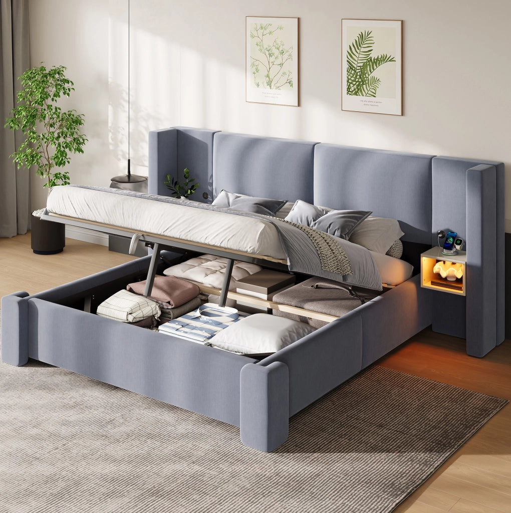 Letto matrimoniale 140x200 cm imbottito in lino grigio con contenitore idraulico e LED HOMVRA