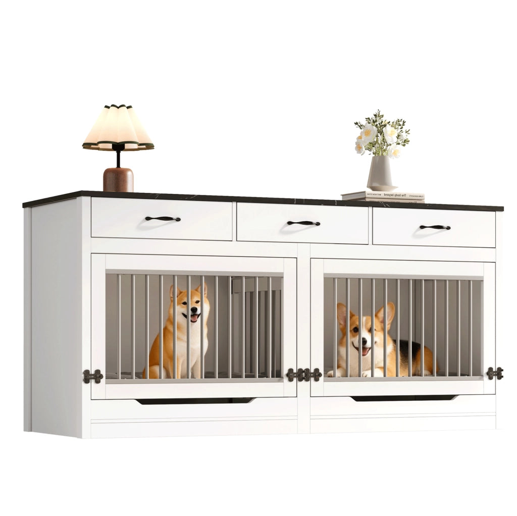 Gabbia per cani 164x60x81 cm bianca e nera in MDF e metallo; 3 cassetti