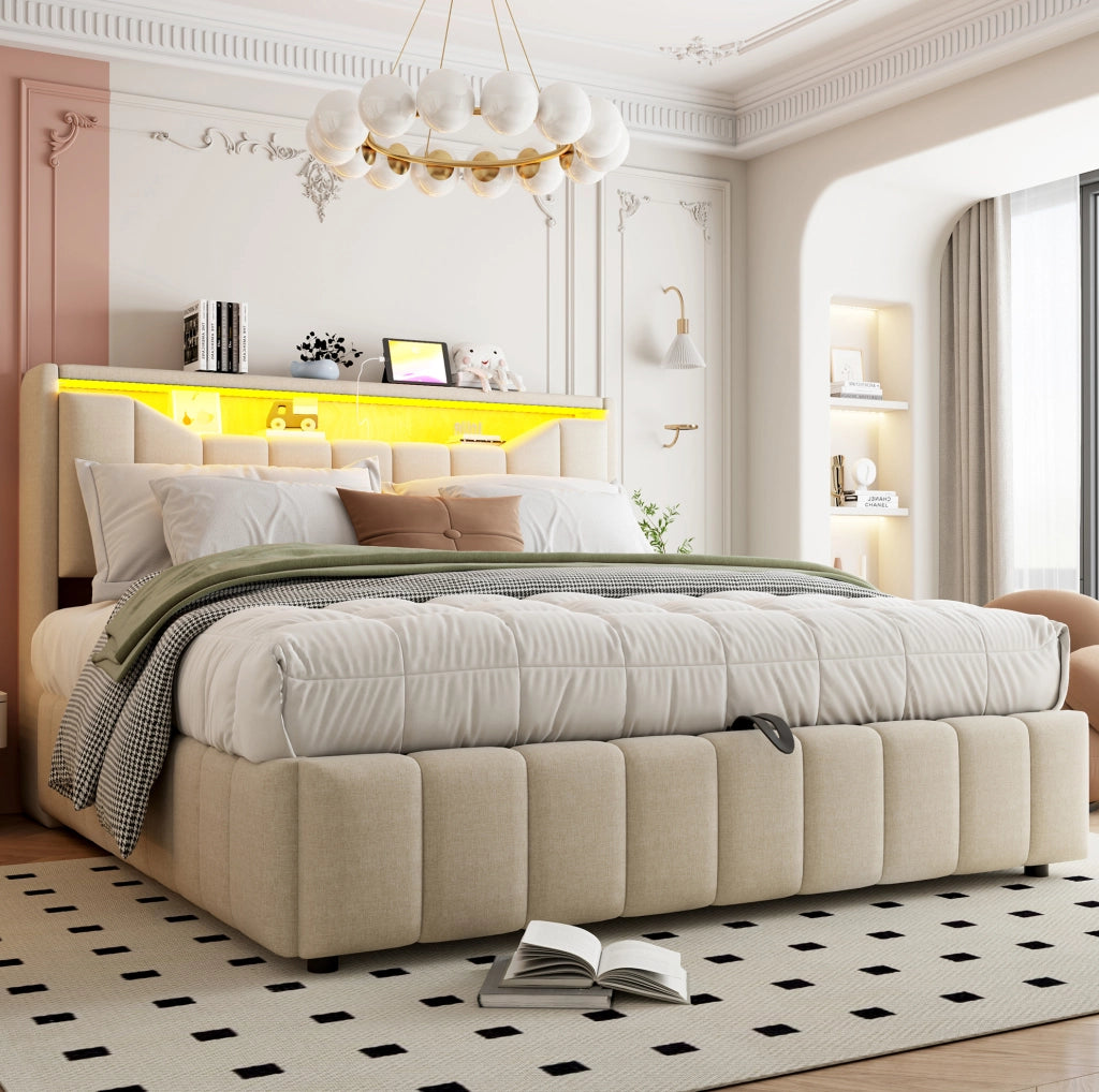 Letto contenitore ULEVR 180x200 cm con sistema idraulico, LED, USB e USB-C, rivestimento in tessuto beige