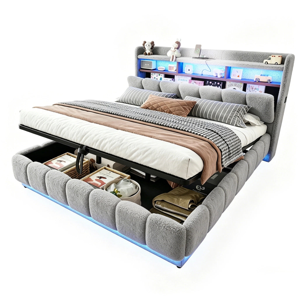 Letto imbottito 180x200 cm con LED, USB e vano idraulico