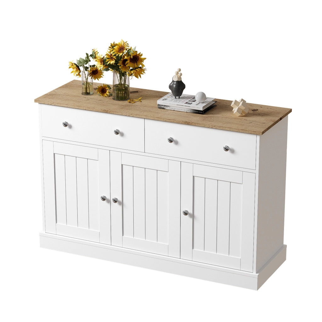 Credenza bianca e finitura legno con 3 ante e 2 cassetti