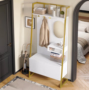Garderoba compatta bianca con specchio, appendiabiti in metallo e vano porta scarpe, design minimalista per ingresso
