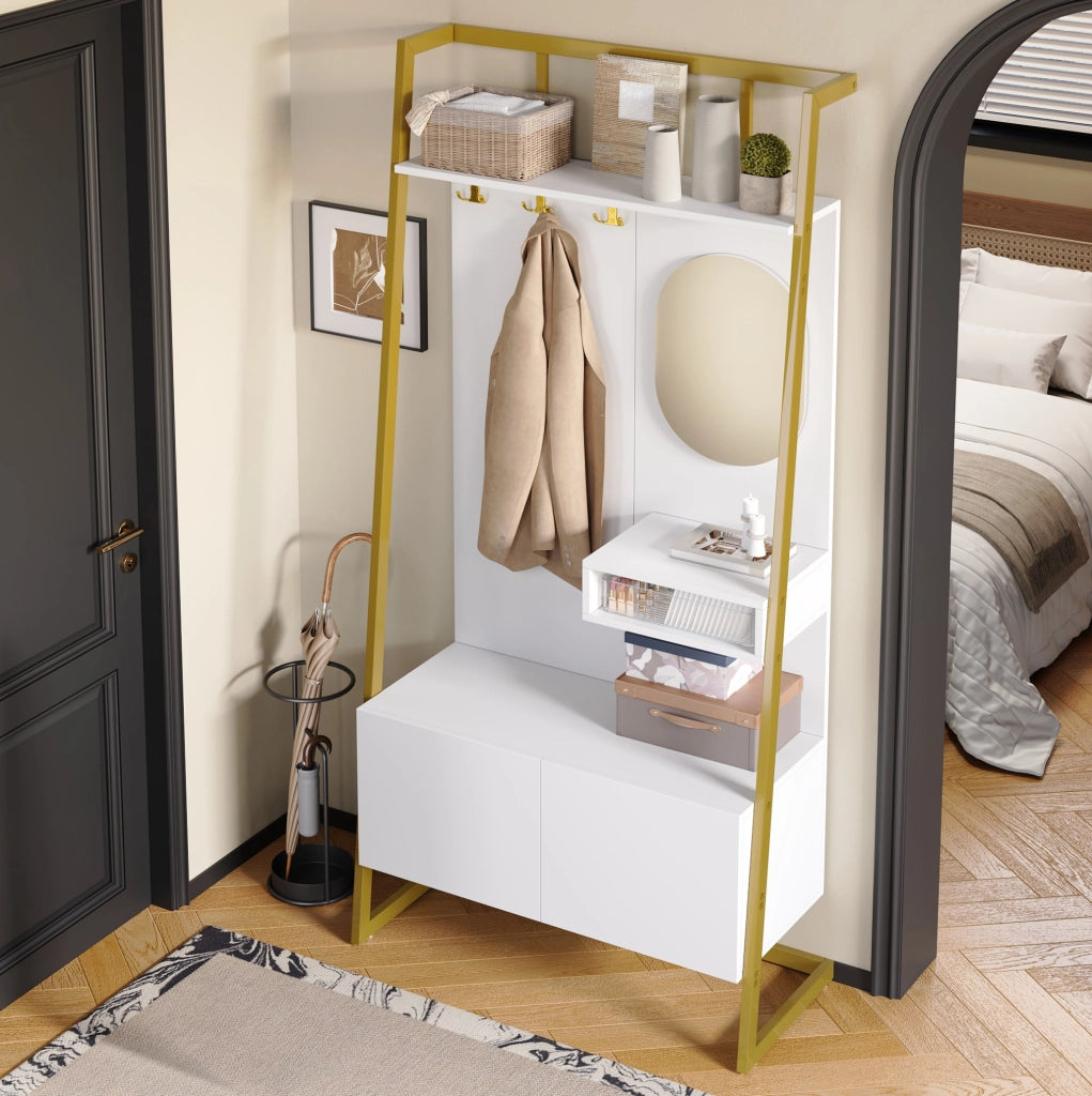 Garderoba compatta bianca con specchio, appendiabiti in metallo e vano porta scarpe, design minimalista per ingresso