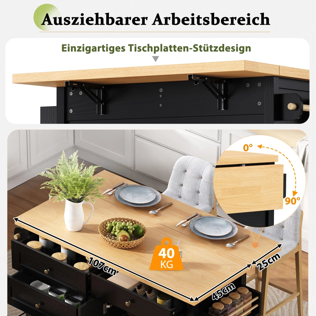 Mobile base da cucina con 2 ante piano estraibile e ruote in MDF nero naturale 107 × 45-70 × 90.5 cm