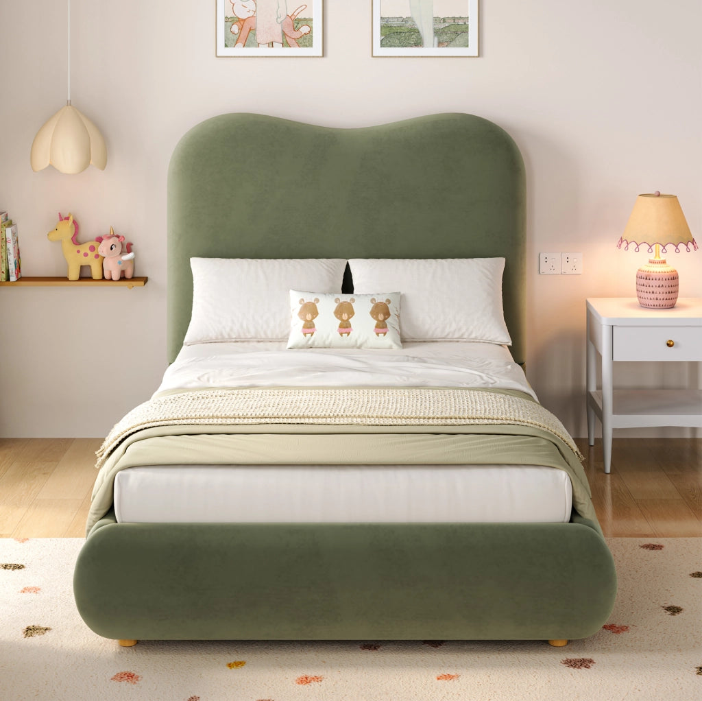Letto imbottito verde in velluto con contenitore idraulico e rete