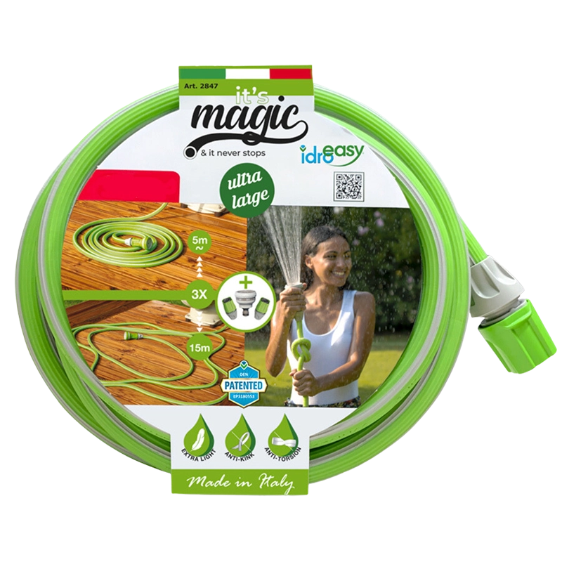 Idroeasy, Tubo Acqua Estensibile da Giardino 30 Metri, Diametro 5/8", Tubo Irrigazione Estendibile x3 Volte, Anti Nodo e Anti Torsione, Atossico, Leggero, Salvaspazio e Riciclabile, Made in Italy