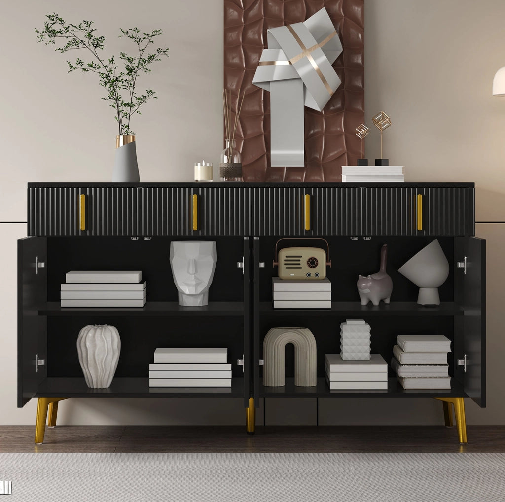 Credenza nera 140 cm con 4 ante, 4 cassetti e dettagli dorati