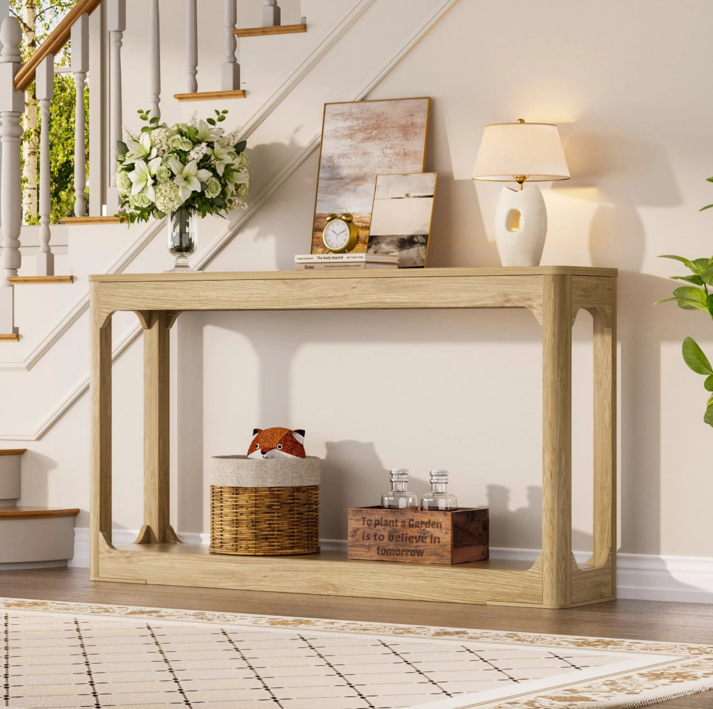 Tavolo consolle stretto 140 cm con ripiani aperti in MDF naturale HOMVRA