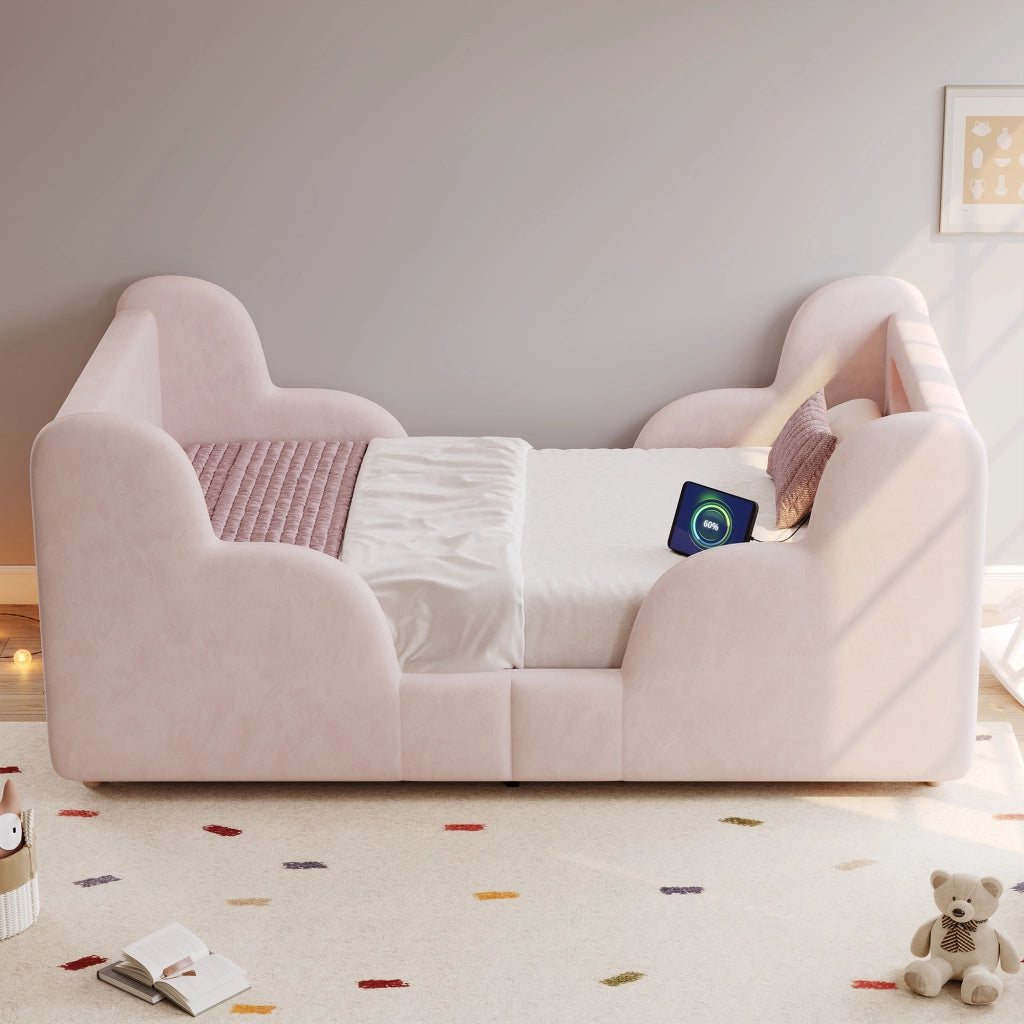 Letto per bambini singolo 200 × 90 cm con barriere imbottite, luce notturna, USB e Type-C, senza materasso, rosa