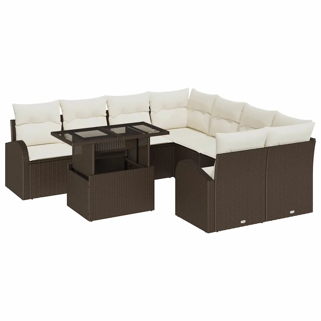 Set Divano da Giardino 9 pcs Marrone Rattan in Polipropilene