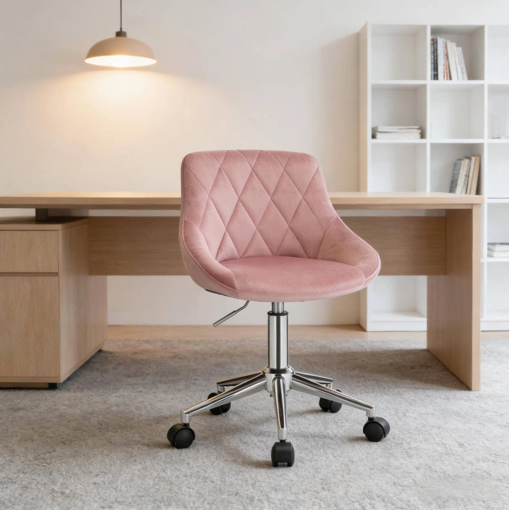 Sedia da ufficio girevole in velluto rosa con ruote e base in metallo, altezza regolabile