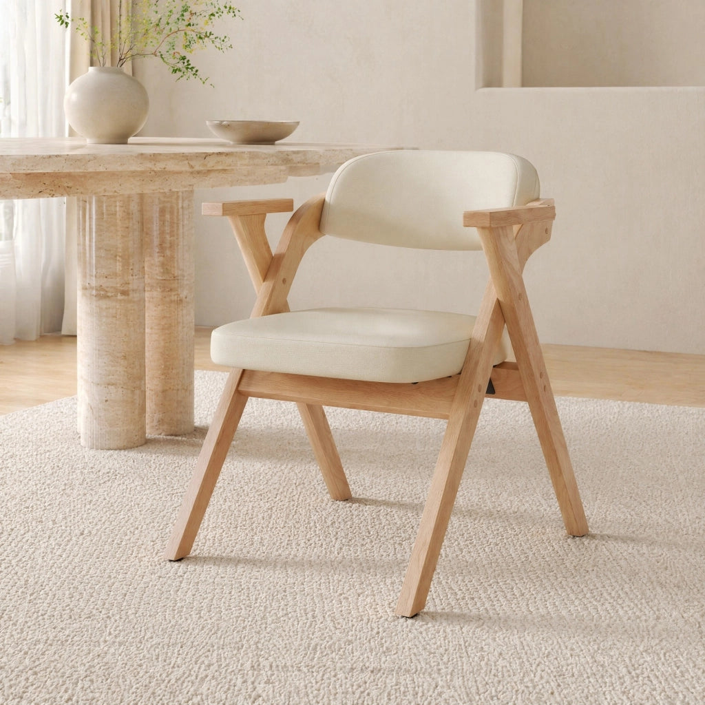 Set di 2 sedie da pranzo pieghevoli in legno massello e lino beige con braccioli