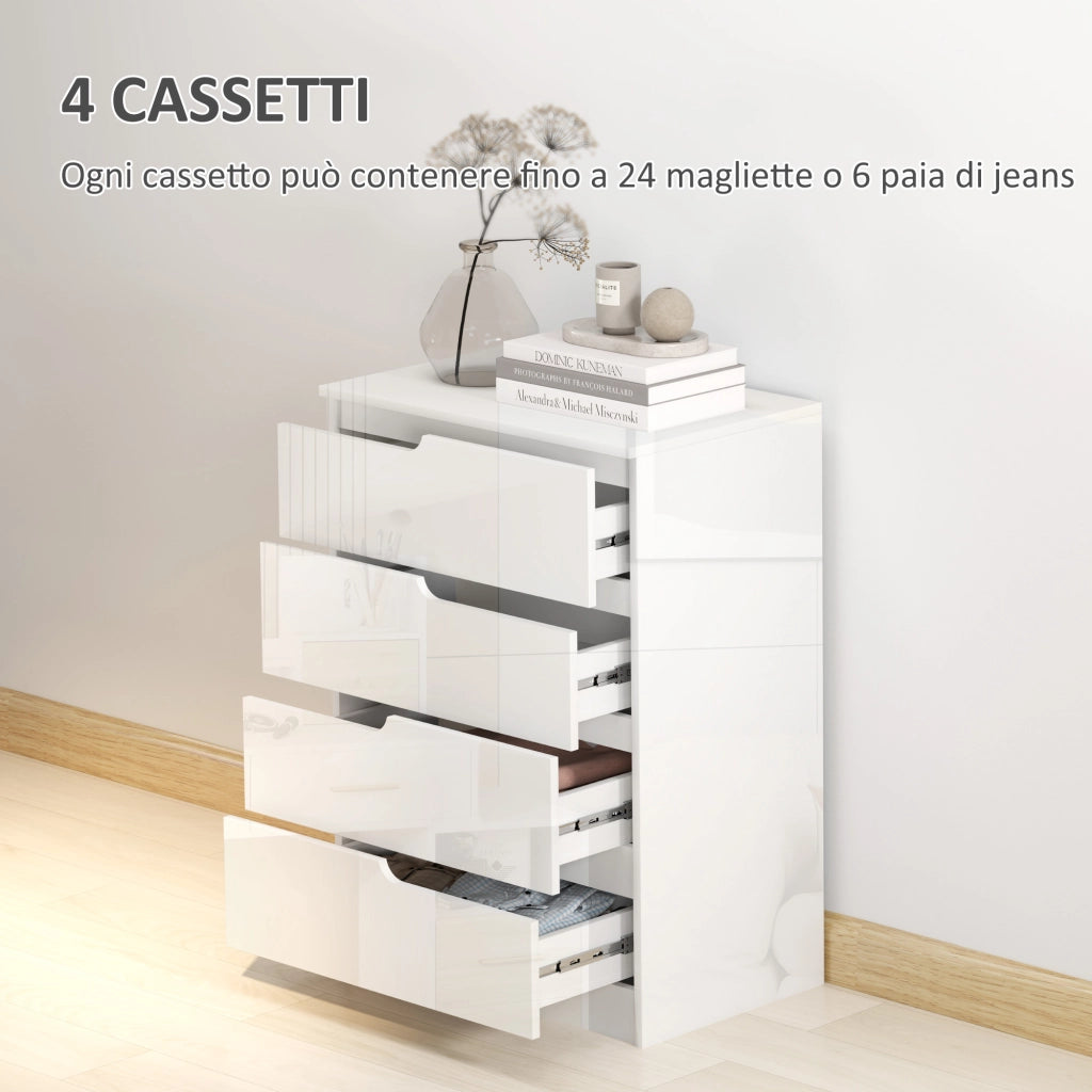 Cassettiera 4 Cassetti Moderna in Legno, Mobiletto Salvaspazio per Camera da Letto e Casa, 60x40x85 cm, Bianco Lucido