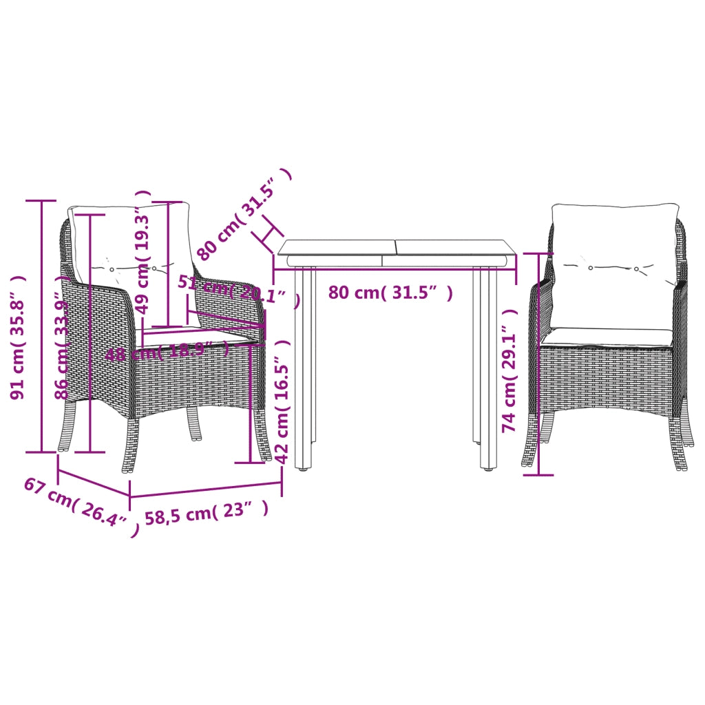 Set da Pranzo da Giardino 3pz con Cuscini in Polyrattan Marrone 3211941