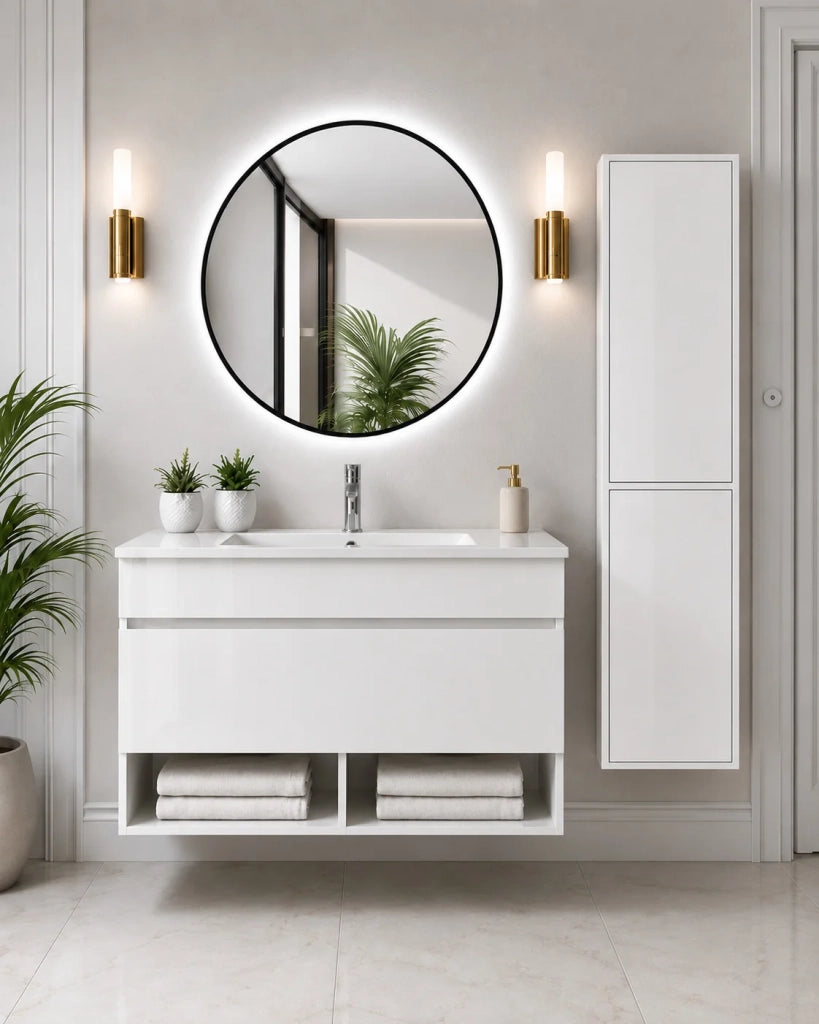Mobile bagno sospeso con lavabo ORIGENBATH NEBARI con cassetto con colonna 90x45 cm bianco con colonna