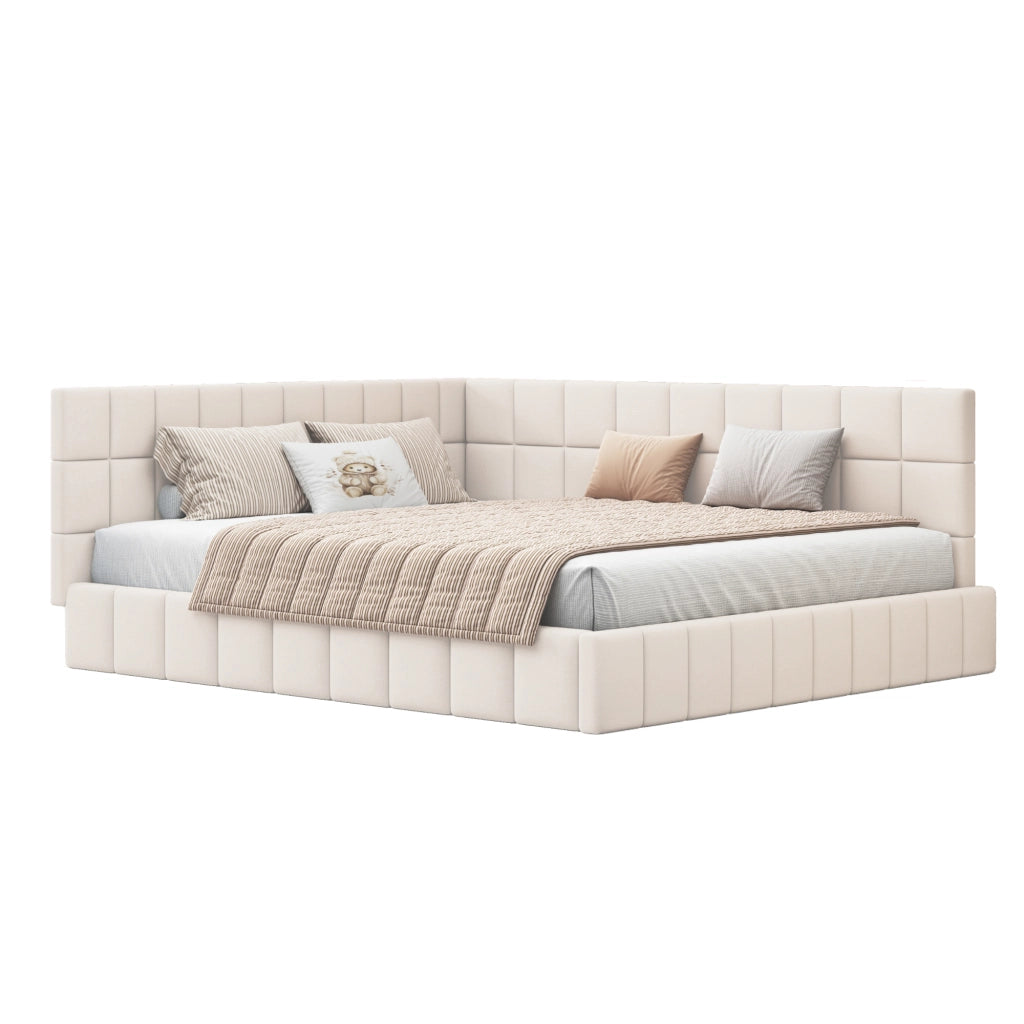Letto imbottito 160 x 200 cm con rete a doghe, letto matrimoniale in velluto, stile divano letto, beige