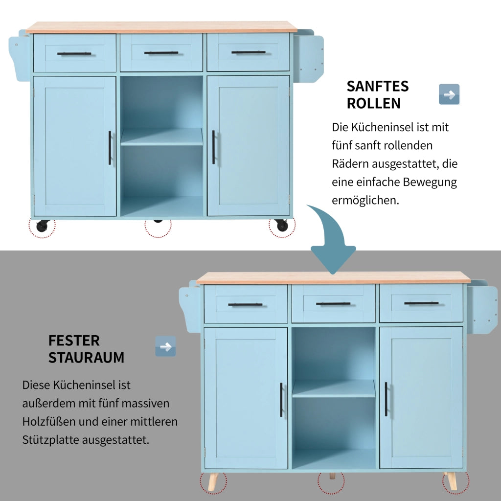 Carrello da cucina con piano pieghevole; 3 cassetti e ripiani regolabili; MDF blu 139 × 46(71) × 91.5 cm