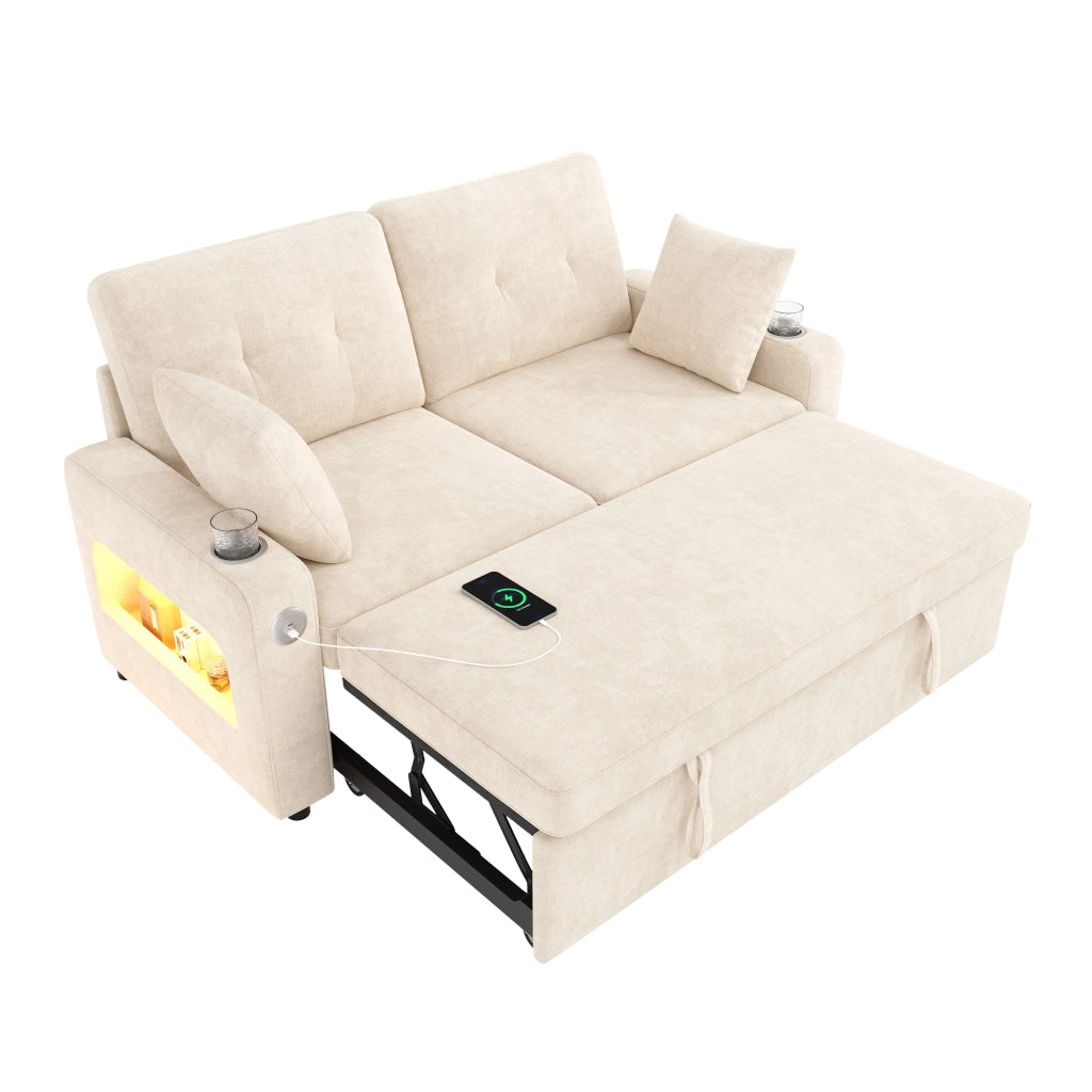 Divano letto 2 posti estraibile con LED, USB e USB-C in ciniglia beige