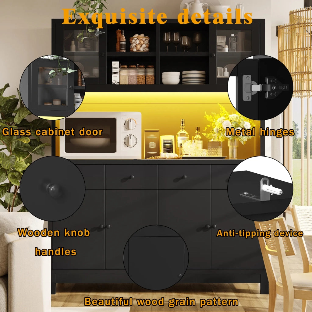 Credenza alta 140x38,5x180 cm nera con LED RGB app, ante in vetro e 4 cassetti, ripiani regolabili, portata 100 kg