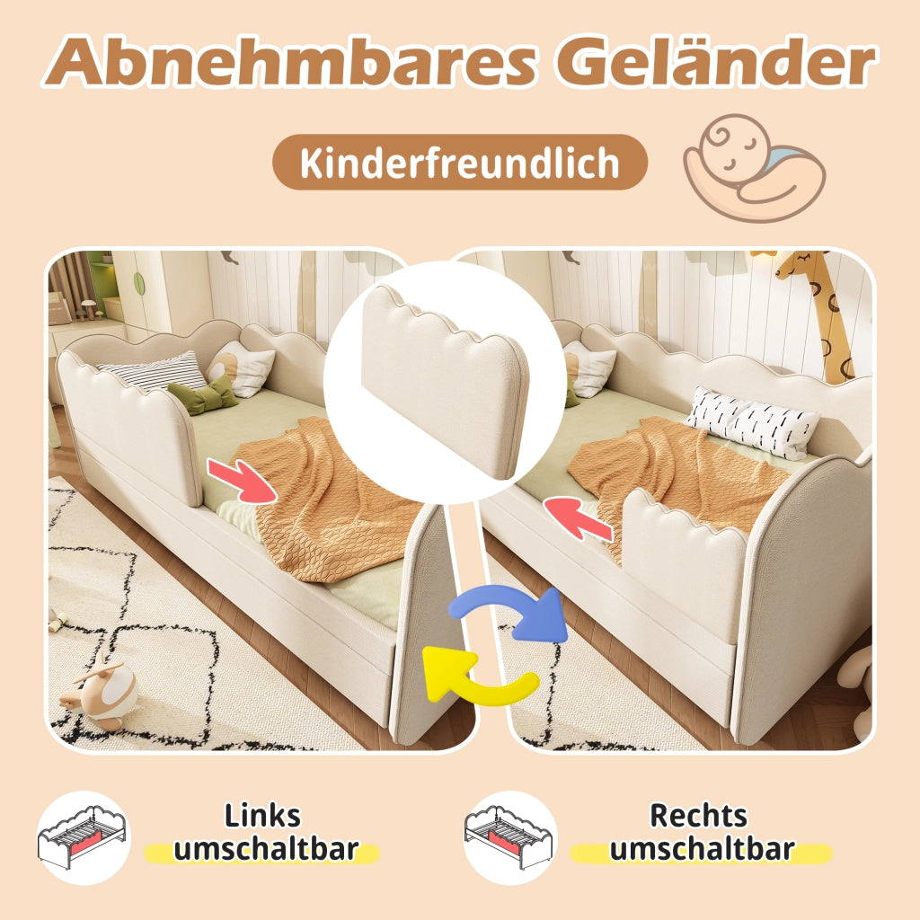 Letto con letto estraibile 90 × 190 cm con sponda rimovibile e schienale imbottito in lino beige