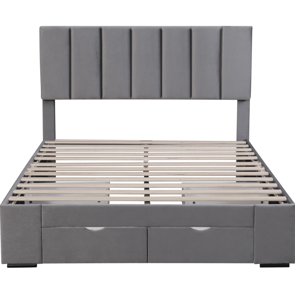 Letto imbottito grigio 140x200 cm in velluto con rete e 4 cassetti