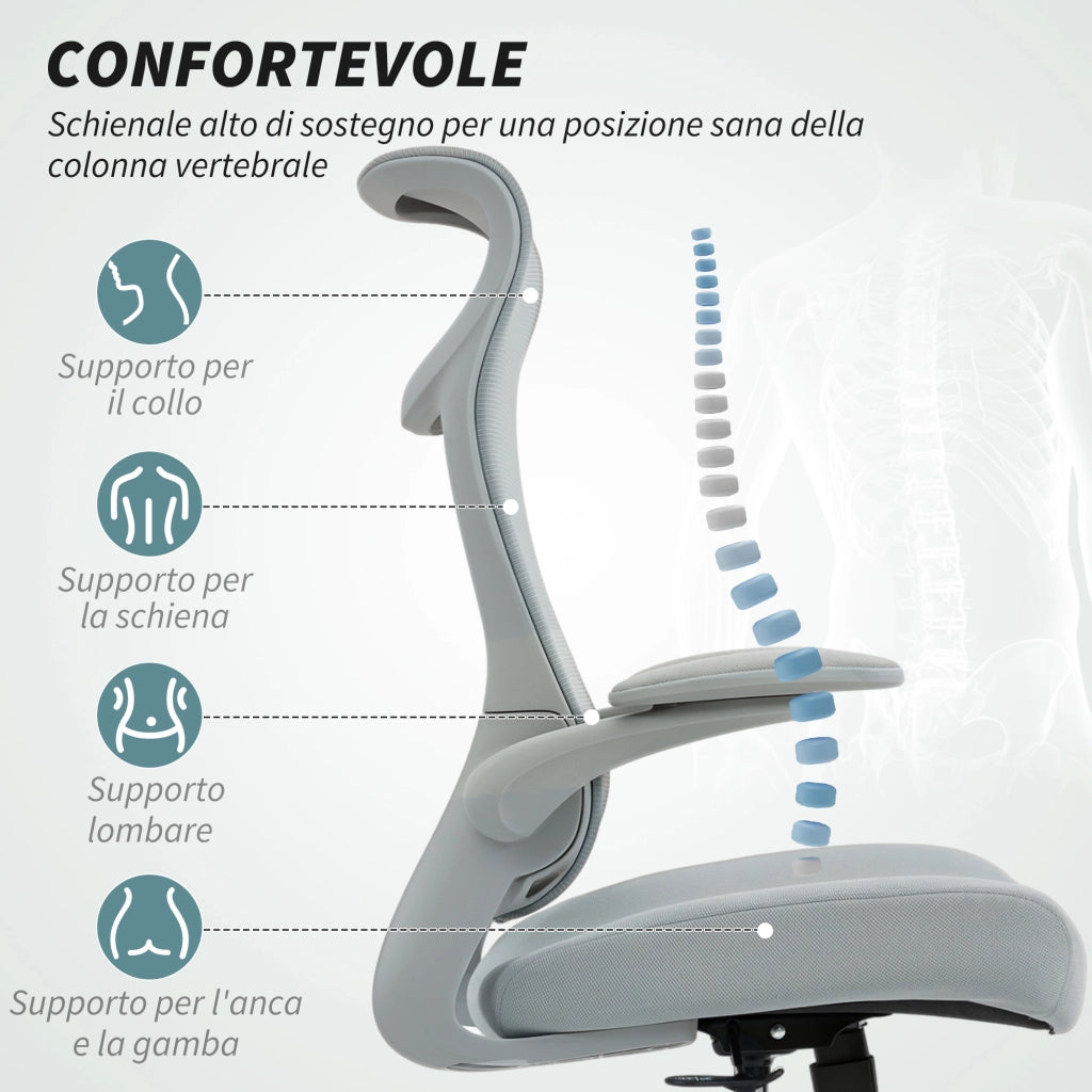 Sedia da Ufficio Ergonomica con Schienale a Rete e Braccioli ¨C Minimal ¨C Grigio