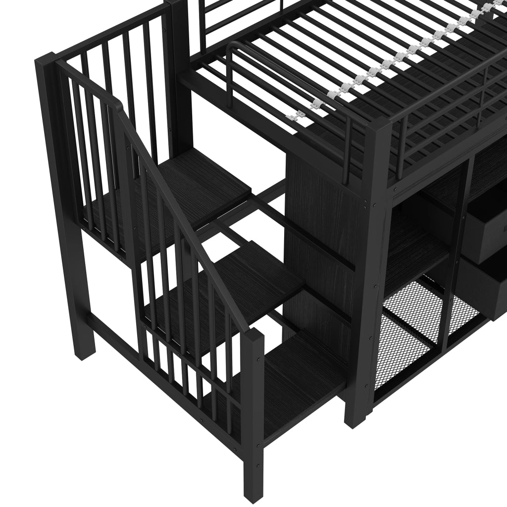 Letto rialzato 90x200 cm in metallo nero con 2 cassetti; guardaroba aperto e LED
