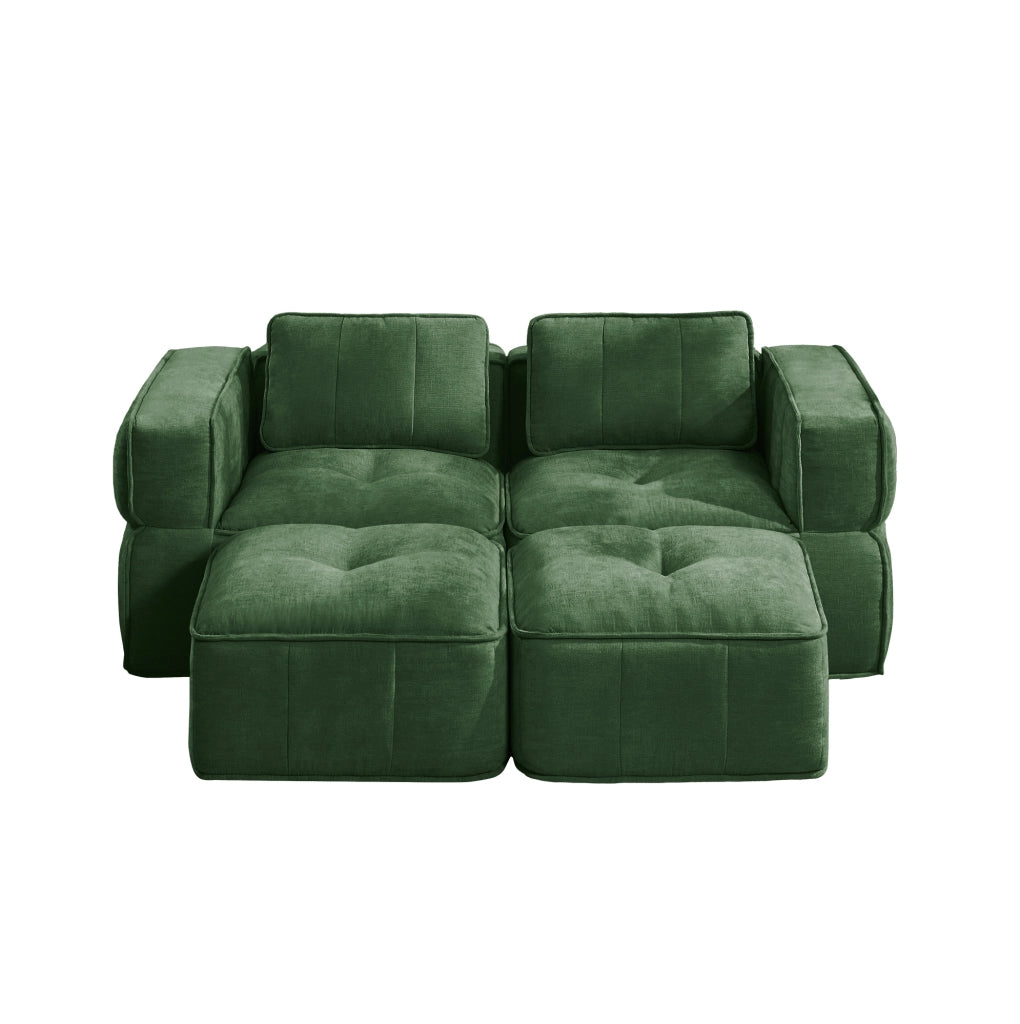 Divano modulare verde 198x162x67 cm in poliestere con 2 pouf