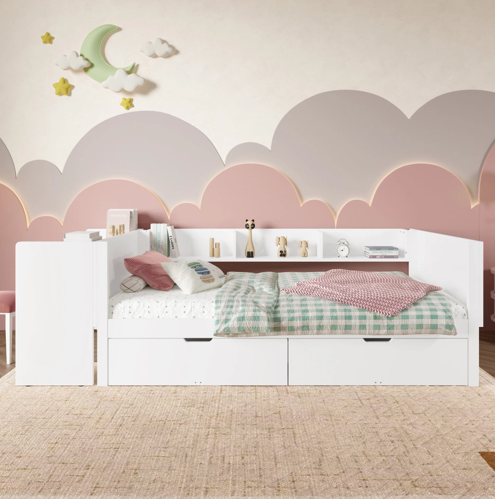 Letto singolo 90x200 cm bianco con scrivania, 2 cassetti e 3 ripiani