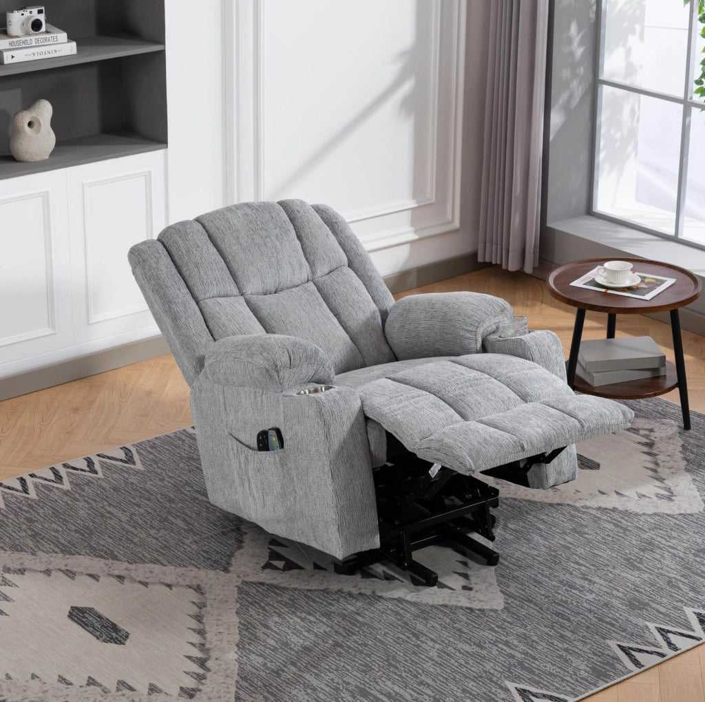 Poltrona Elettrica Relax con Funzione Alzapersone, Massaggio e Riscaldamento, Poggiapiedi, Tasche Laterali e Portabicchieri Grigio Chiaro