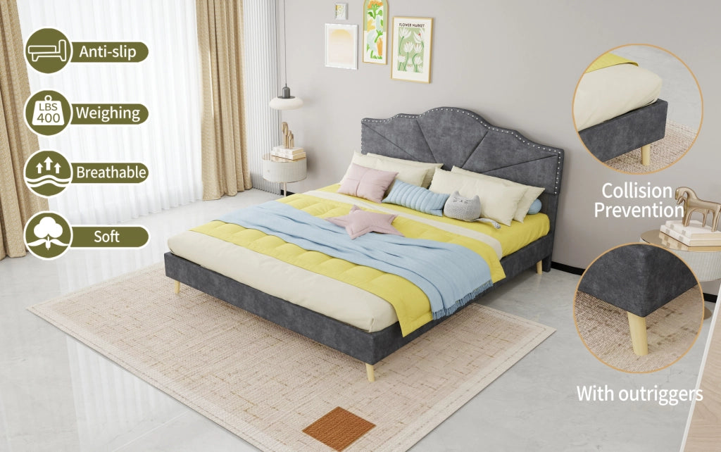 Letto moderno minimalista grigio 160x200 cm con testiera morbida e materasso incluso