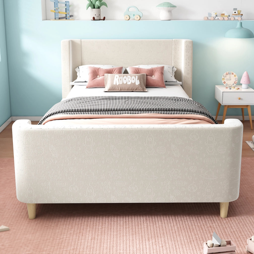Letto singolo 90 × 200 cm in velluto beige con testiera imbottita motivo spaziale e rete a doghe in legno inclusa
