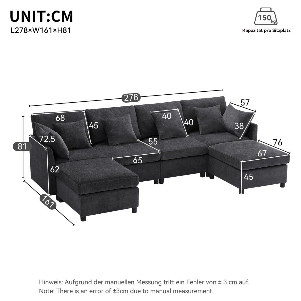 Divano modulare 4 posti configurabile a U o L con 2 pouf e 6 cuscini in chenille grigio, 278 × 161 × 81 cm