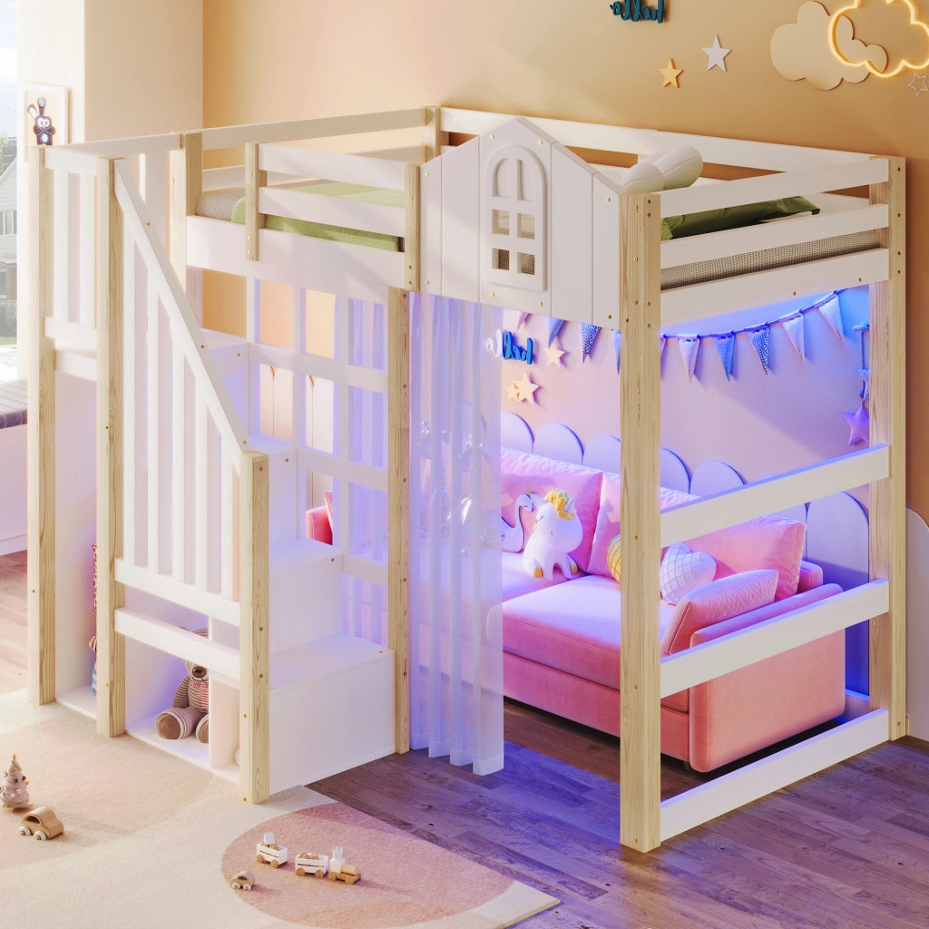 Letto a soppalco per bambini 90x200 cm con LED; finestra; scala contenitore e vano aperto; bianco e naturale