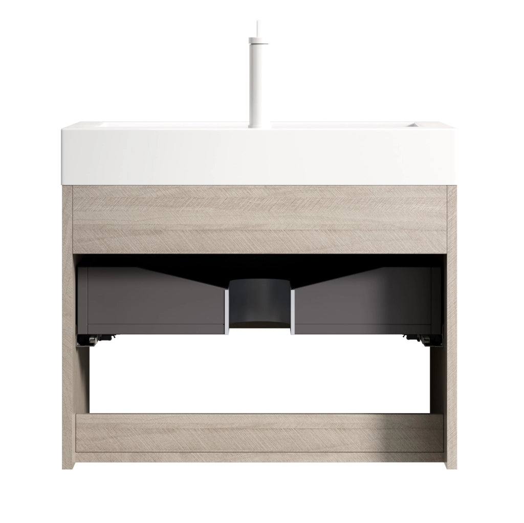 Mobile bagno bianco e rovere chiaro, lavabo integrato in resina e cassetto