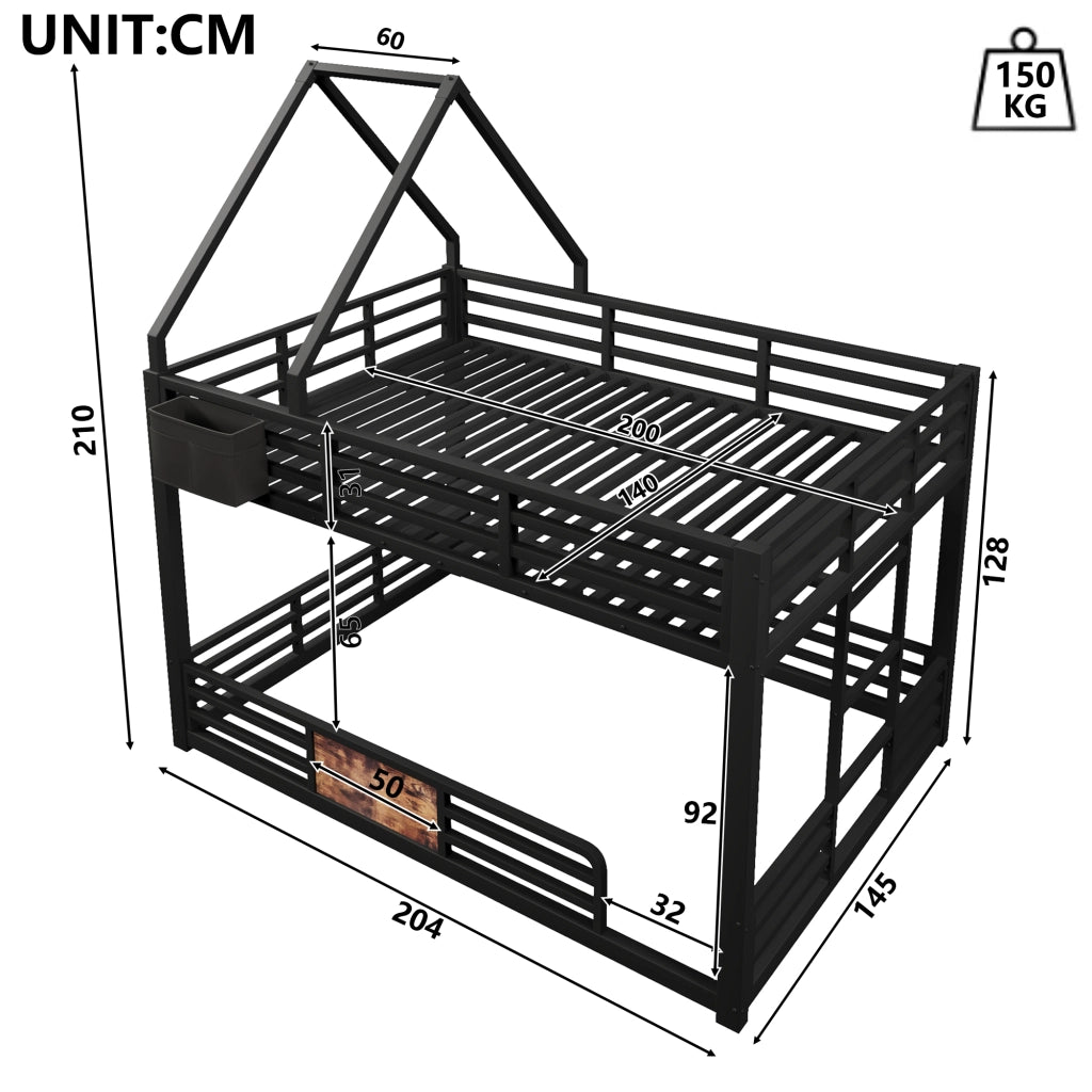 Letto a castello 140 × 200 cm con struttura a casetta; LED multicolore; tasche in tessuto e barriera nero