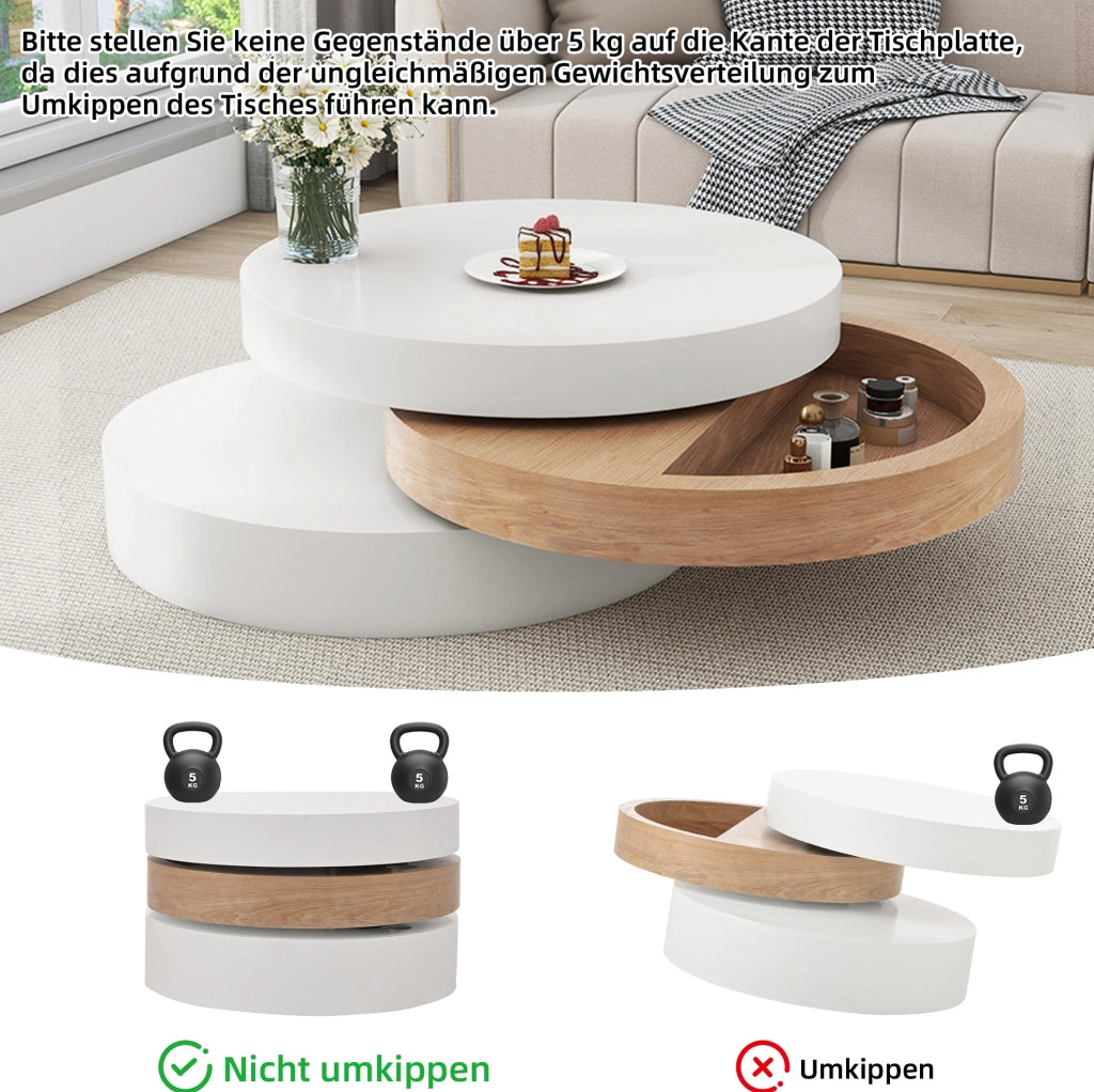 Tavolino da caffè rotondo girevole a 360° 60 x 60 x 35;1 cm; bianco e naturale; in MDF