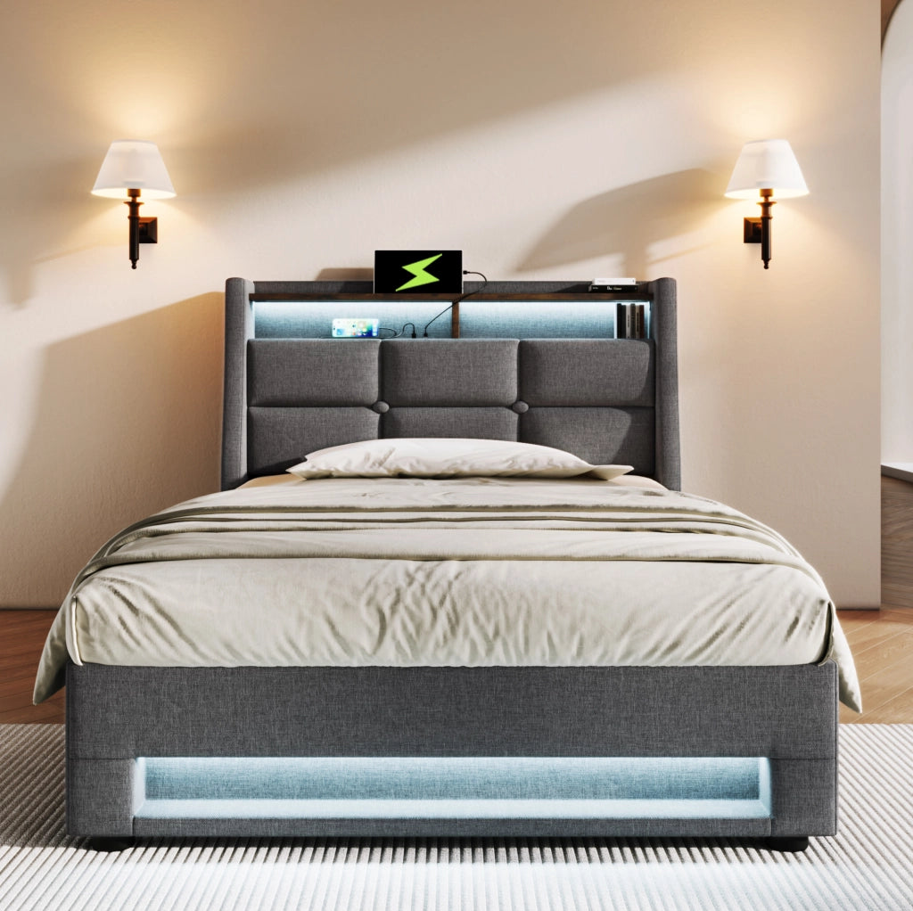 Letto singolo 90x200 cm con contenitore, LED e USB, rivestito in lino grigio