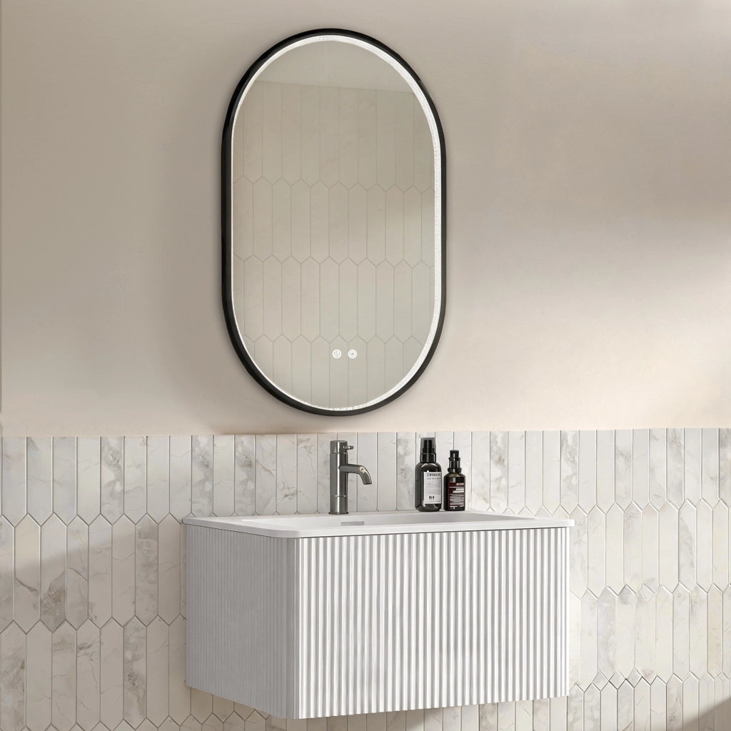 Set mobili bagno sospeso con specchio LED e lavabo integrato in MDF bianco