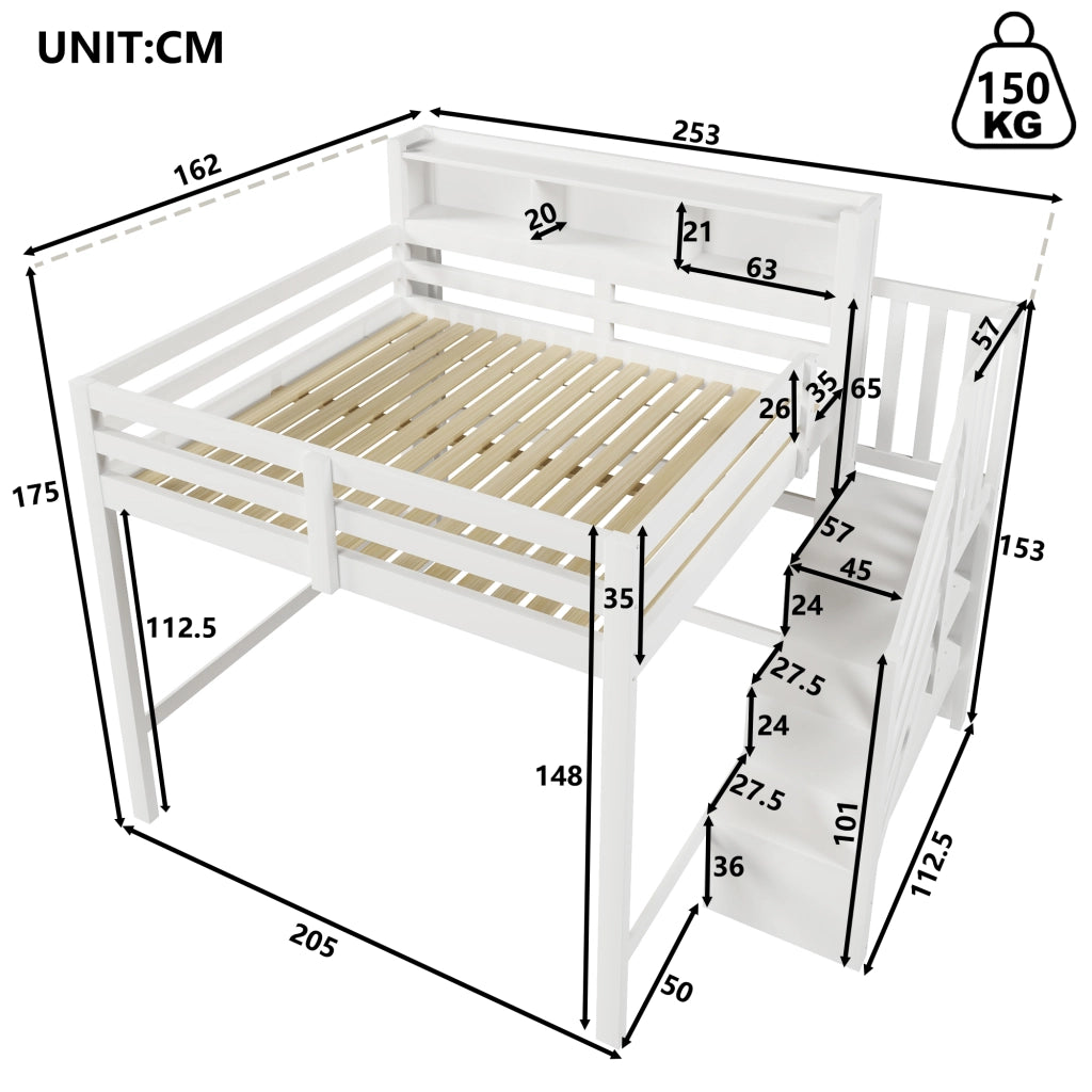 Letto a soppalco 140x200 cm con LED; scala contenitore e struttura bianca