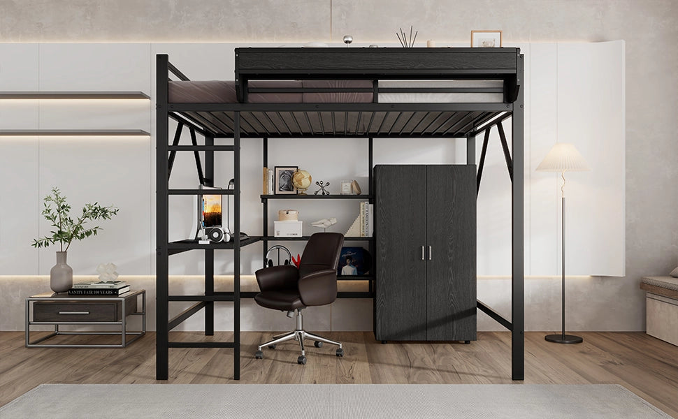 Letto a soppalco per bambini 140 × 200 cm con scrivania, armadio, ripiani e struttura in ferro e MDF nera