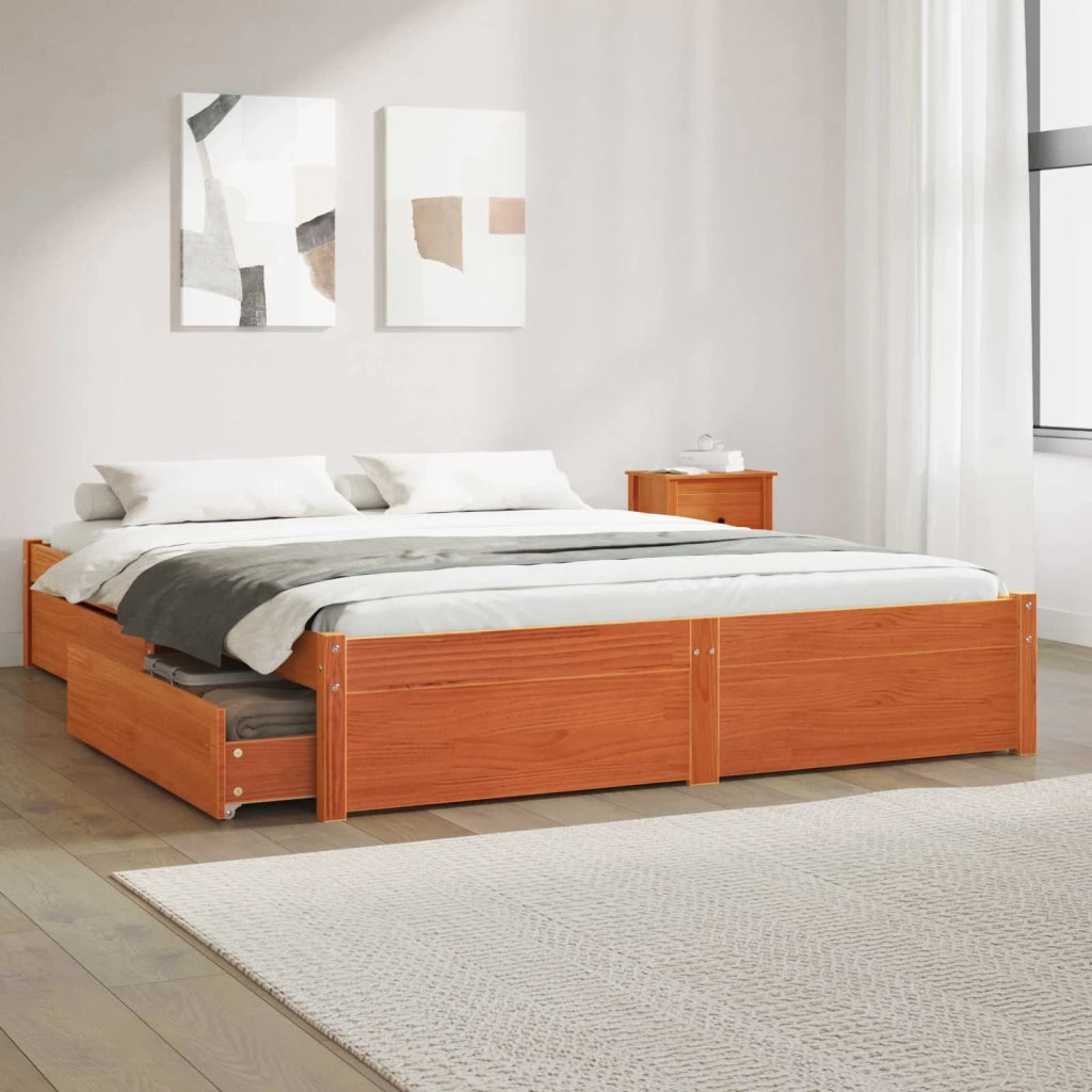 Struttura del letto con cassetto-Giroletto con contenitore-Rete del Letto Marrone cerato 140 x 200 cm 962984