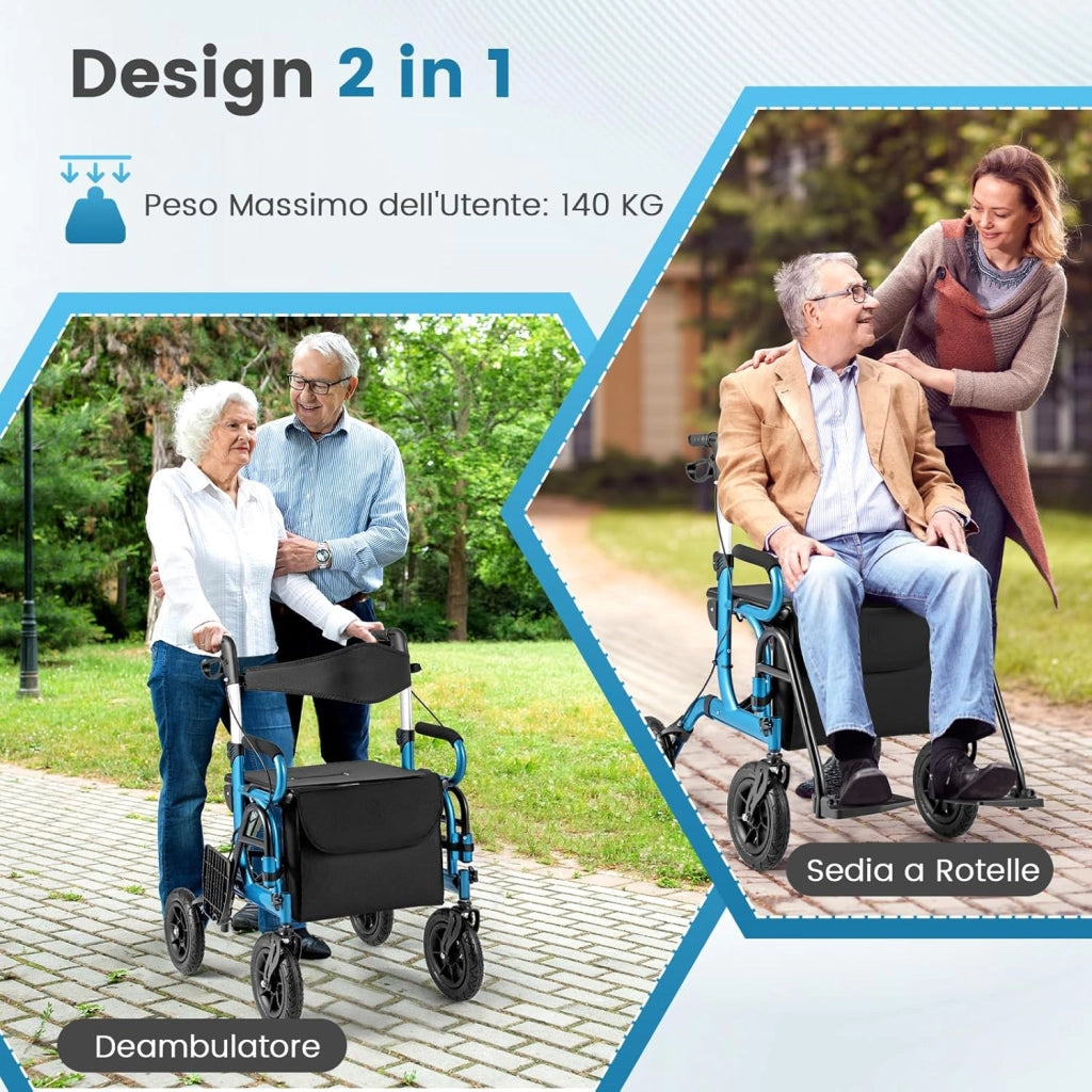 2 in 1 Deambulatore Pieghevole e Sedie a Rotelle per Anziani in Alluminio, Rollator Altezza Regolabile con Seduta e Freni, Girello per Anziani con Ruote Robuste, Carico Massimo 140 kg (Blu)