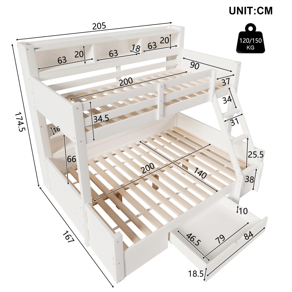 Letto a castello 3 posti 90×200 cm e 140×200 cm con LED; cassetto e vani aperti; senza materasso; bianco