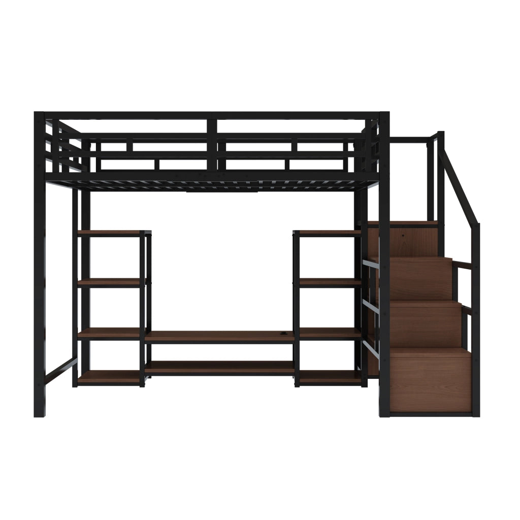 Letto a soppalco 140x200 cm con supporto TV; presa e scala contenitore; metallo e MDF nero