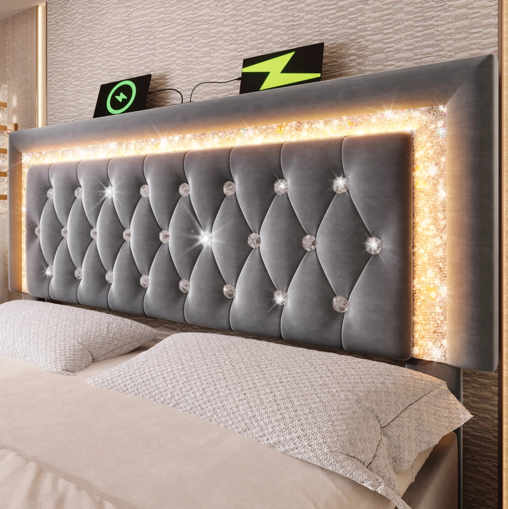 Letto matrimoniale 140x200 cm in velluto grigio con LED e contenitore