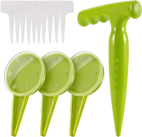 Set di Dispensatore di Semi 14 pezzi con impugnatura regolabile, etichette per piante e Dibber per giardinaggio 

Specifica tecnica: 
- Set di 14 Dispensatori di semi
- Impugnatura regolabile 
- Etichette per piante 
- Dibber per giardinaggio